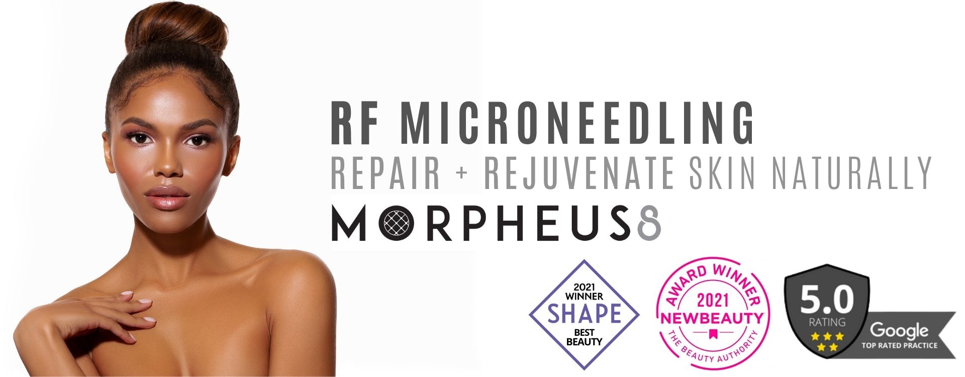 Beautiful woman with radiant skin modeling for RF Microneedling, Morpheus8 at Viva Atlanta Wellness in Kennesaw, GA. Top rated medical spa.